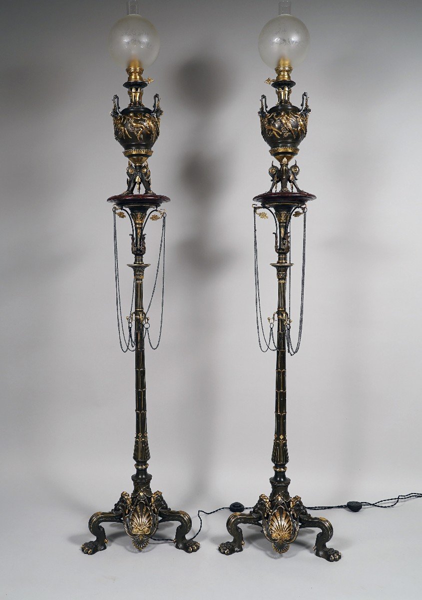 Pair Of Neo-greek Floor Lamps Attr. To Lacarrière, Delatour & Cie, France, Circa 1860