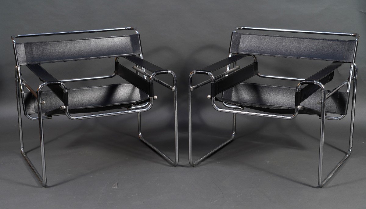 Pair Of “wassily” Armchairs, After Marcel Breuer's Model By Knoll, Circa 1980-photo-2