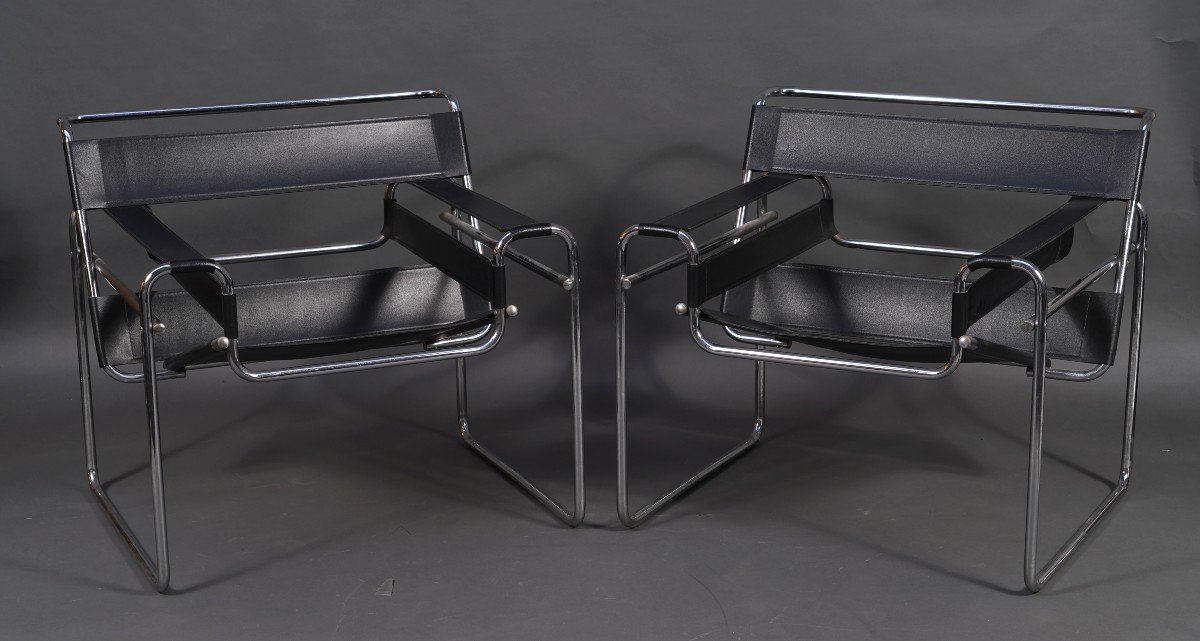 Pair Of “wassily” Armchairs, After Marcel Breuer's Model By Knoll, Circa 1980-photo-2