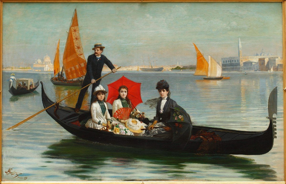 "gondola Ride In Venice" Signed G. Mantegazza, Milan, 1889-photo-2
