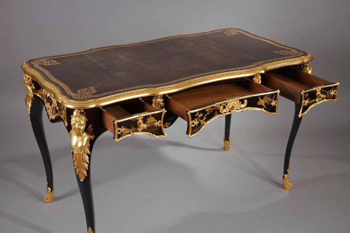 A.-e. Beurdeley, Flat Desk With Espagnolettes, France, Circa 1890-photo-7