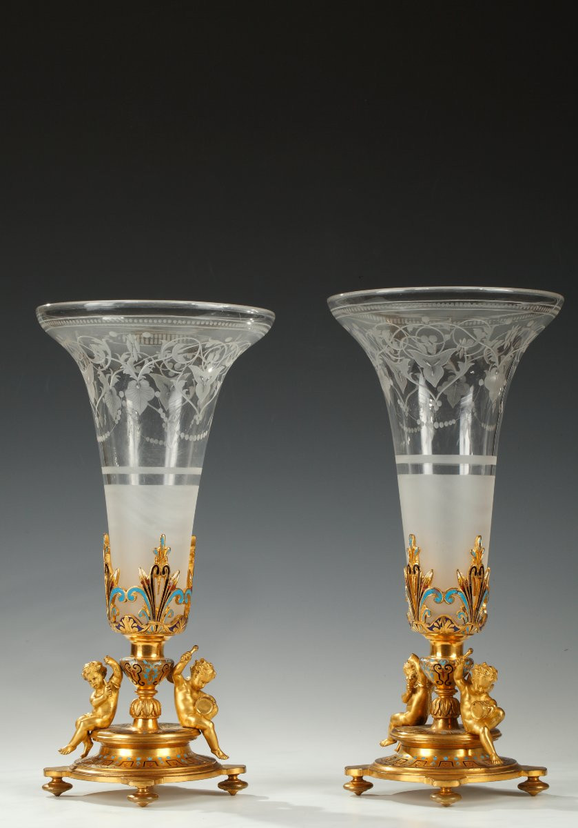Maison A. Giroux, Pair Of Trumpet Vases, France, Circa 1860-photo-2