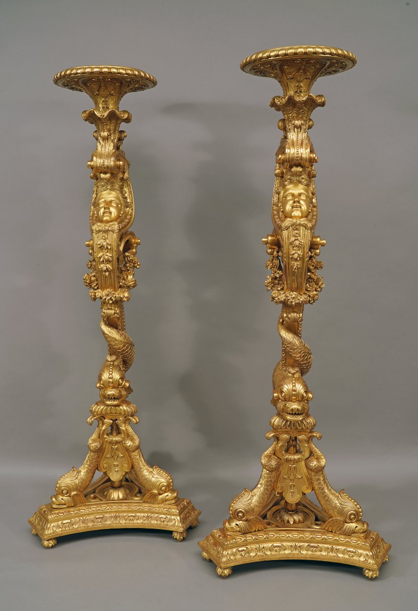 Pair Of « Dolphins » Torcheres Holders, France, Circa 1860-photo-3