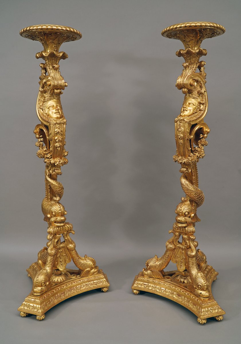 Pair Of « Dolphins » Torcheres Holders, France, Circa 1860-photo-4