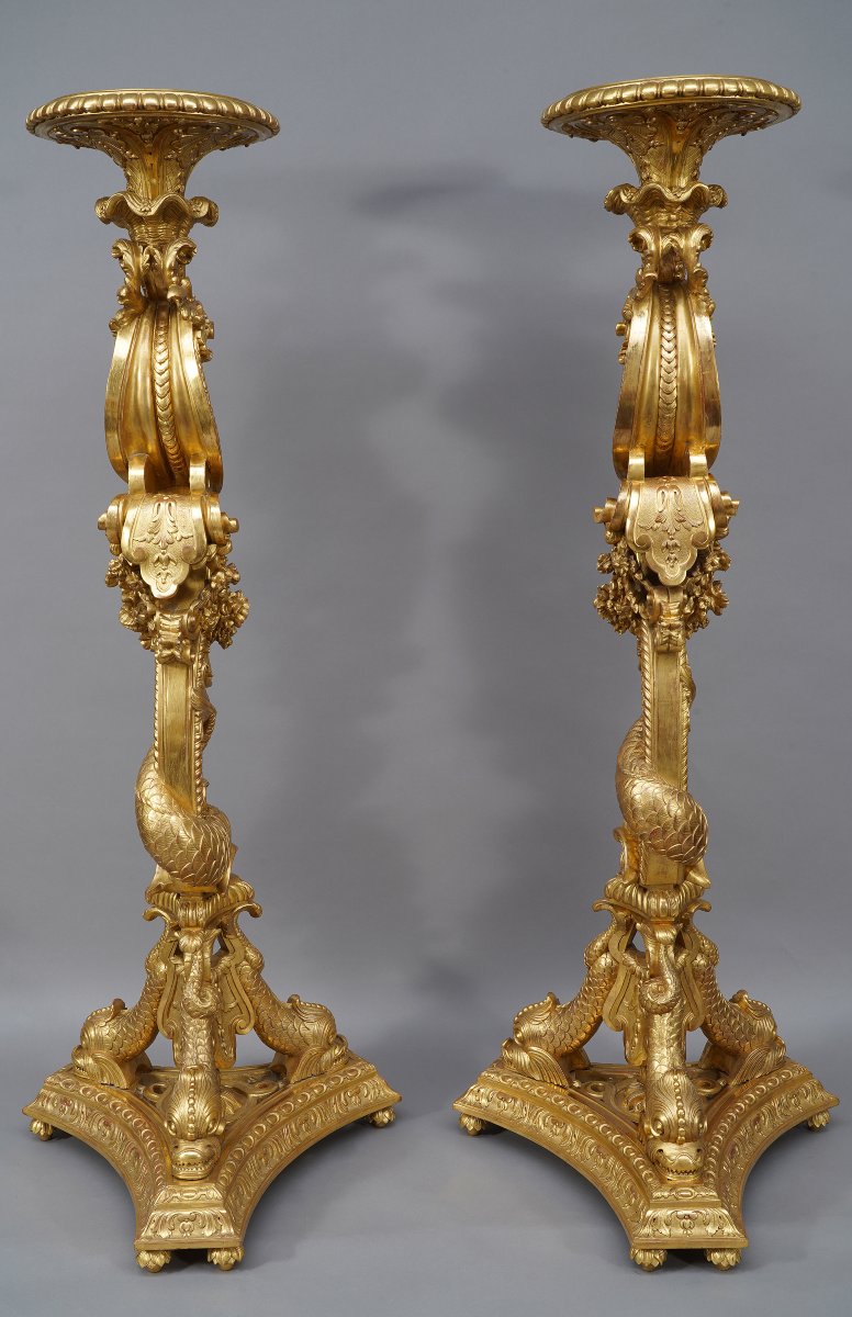 Pair Of « Dolphins » Torcheres Holders, France, Circa 1860-photo-6