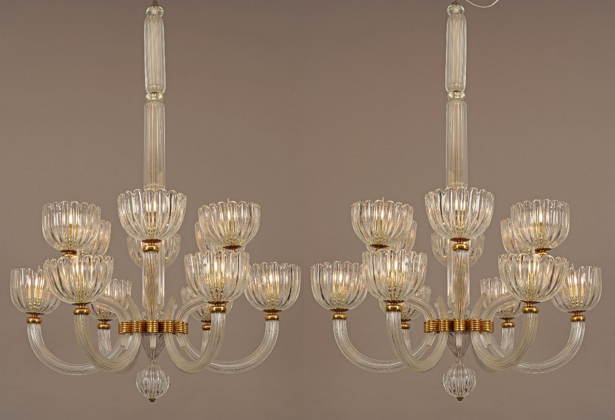 Barovier & Toso, Paire de Lustres Murano, Italie, circa 1940-photo-3
