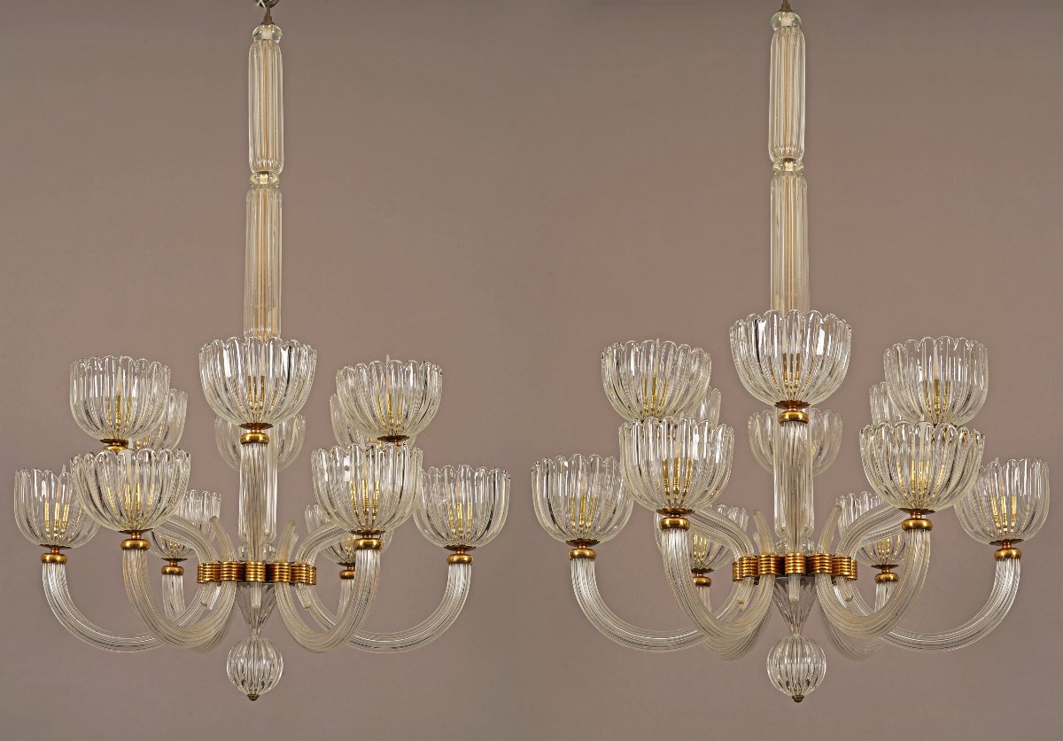 Barovier & Toso, Paire de Lustres Murano, Italie, circa 1940-photo-4
