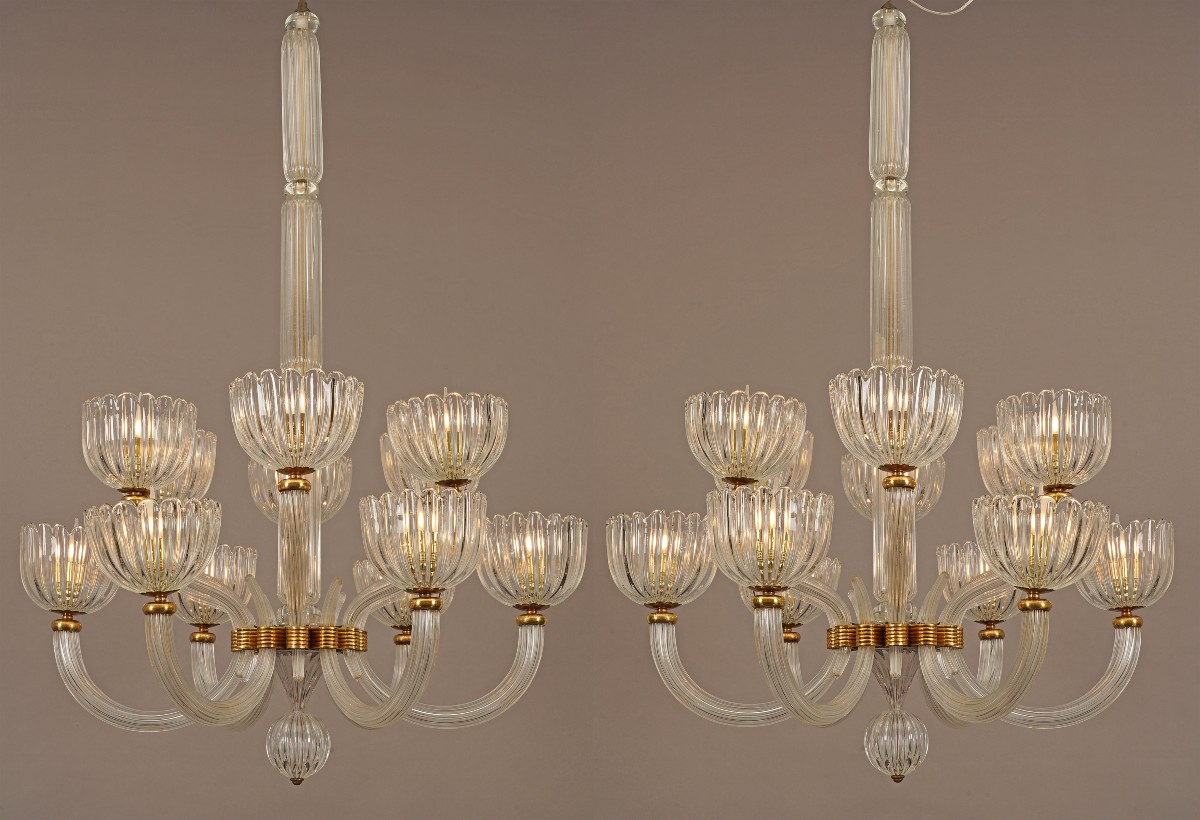 Barovier & Toso, Paire de Lustres Murano, Italie, circa 1940