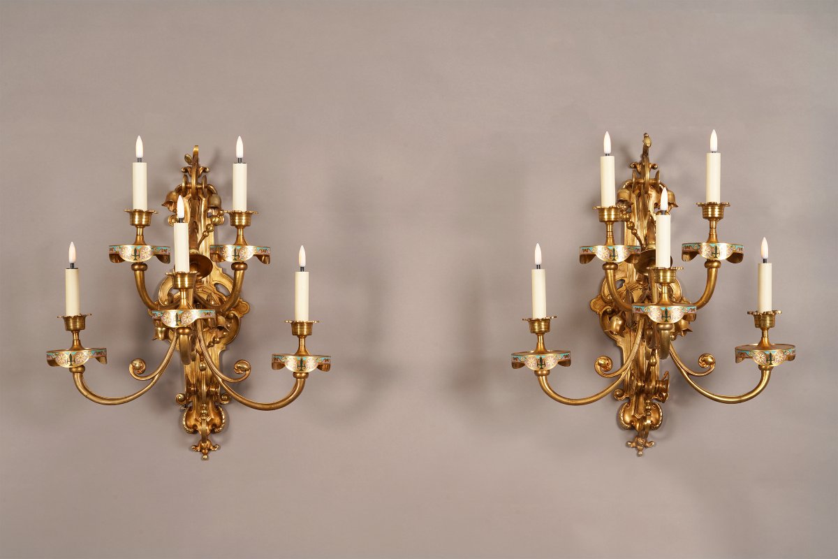 Paire Of Enameled Orientalist Sconces, France, Circa 1890-photo-2