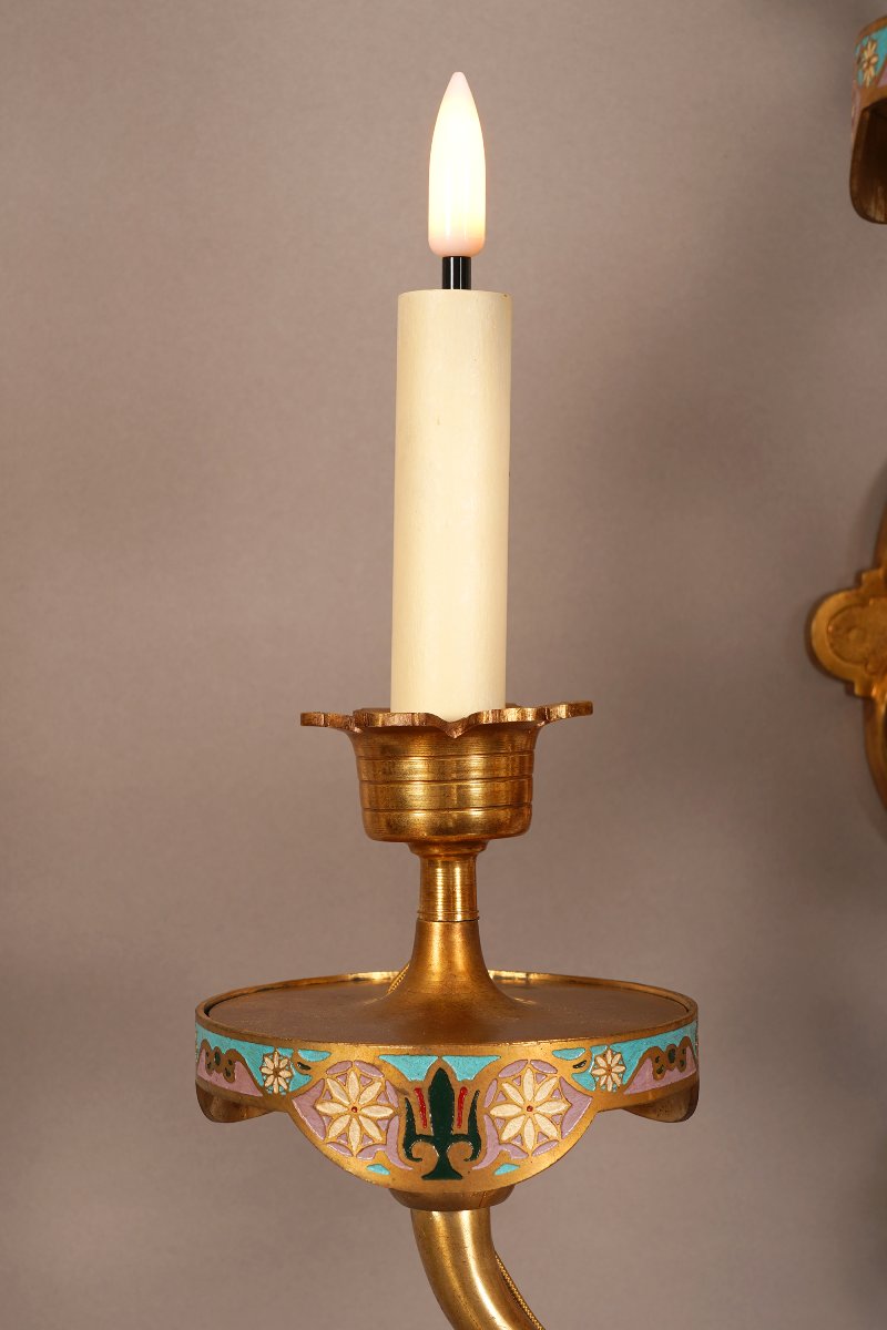 Paire Of Enameled Orientalist Sconces, France, Circa 1890-photo-2