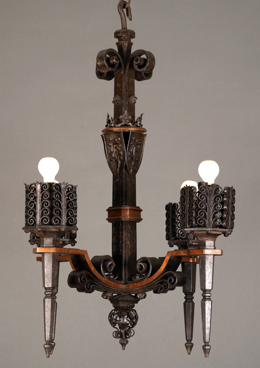 Paul Kiss, Lustre Néo-Gothique "aux Salamandres", France, Circa 1925, Fer Forgé-photo-2
