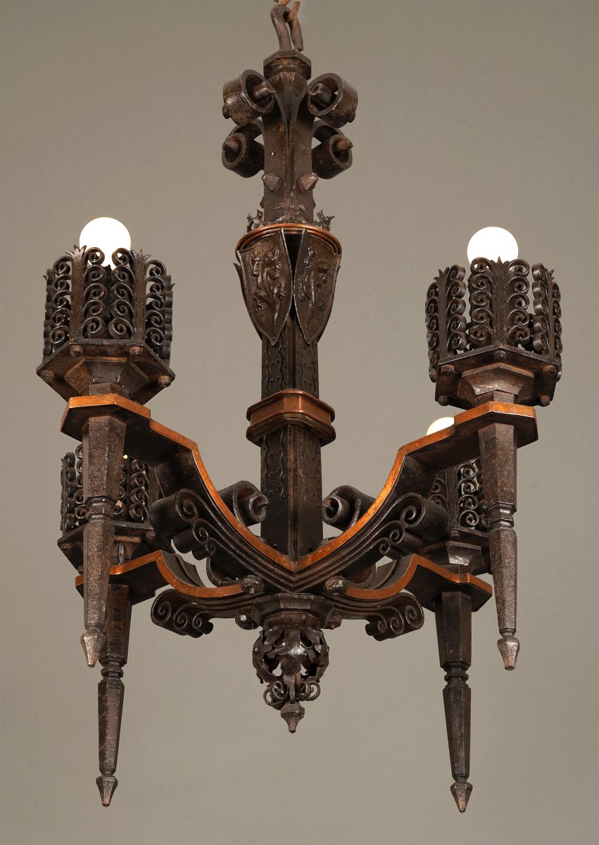 Paul Kiss, Lustre Néo-Gothique "aux Salamandres", France, Circa 1925, Fer Forgé-photo-3
