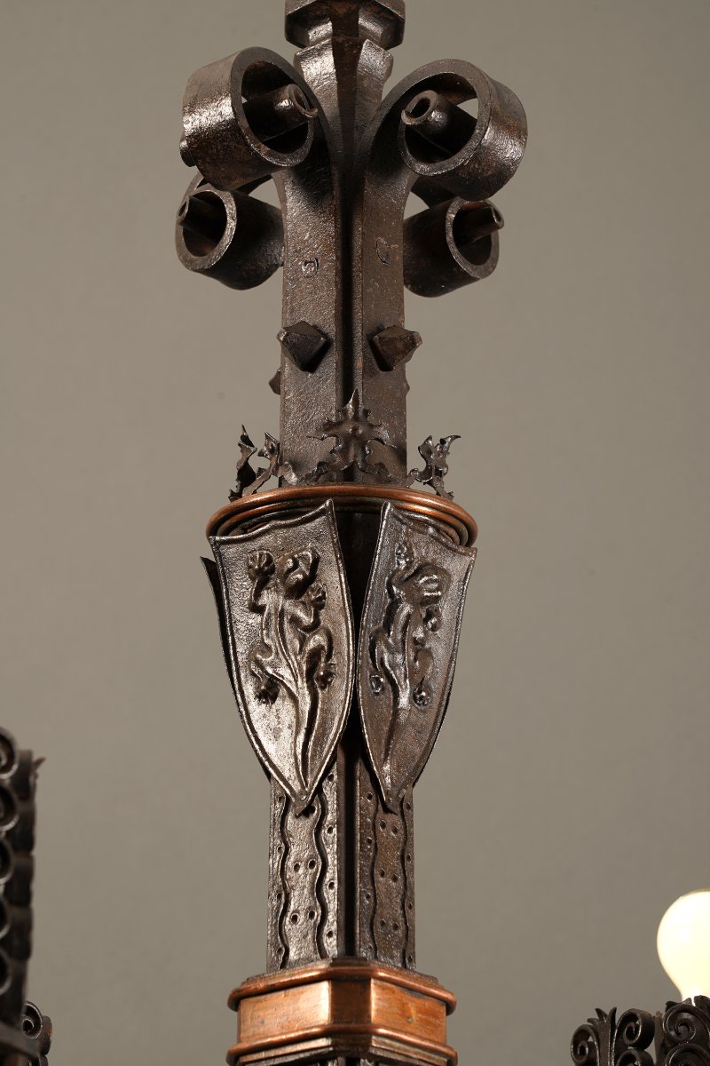 Paul Kiss, Lustre Néo-Gothique "aux Salamandres", France, Circa 1925, Fer Forgé-photo-2