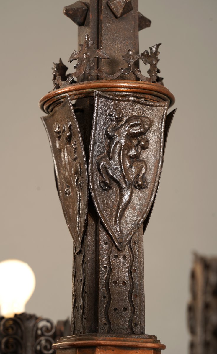 Paul Kiss, Lustre Néo-Gothique "aux Salamandres", France, Circa 1925, Fer Forgé-photo-4