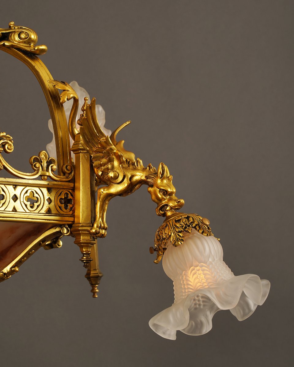 Susse & Lelièvre, Lustre Néo-Gothique aux Dragons, France, Circa 1900, Albâtre et bronze doré-photo-4