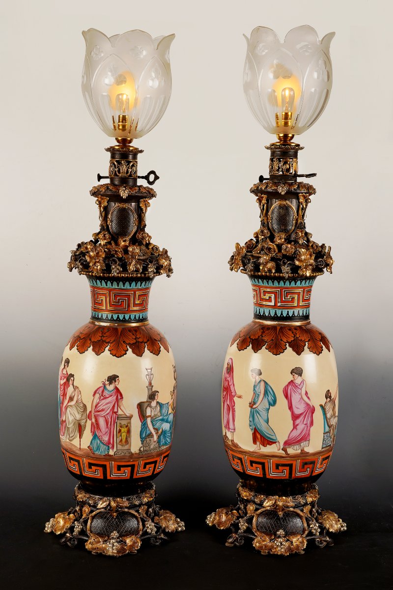 Paris Porcelain , Pair Of Neo-greek Lamps, France, Circa 1860