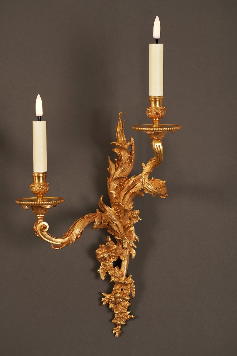 Paire d'appliques aux feuilles d'acanthe en bronze doré, France, Circa 1870-photo-2