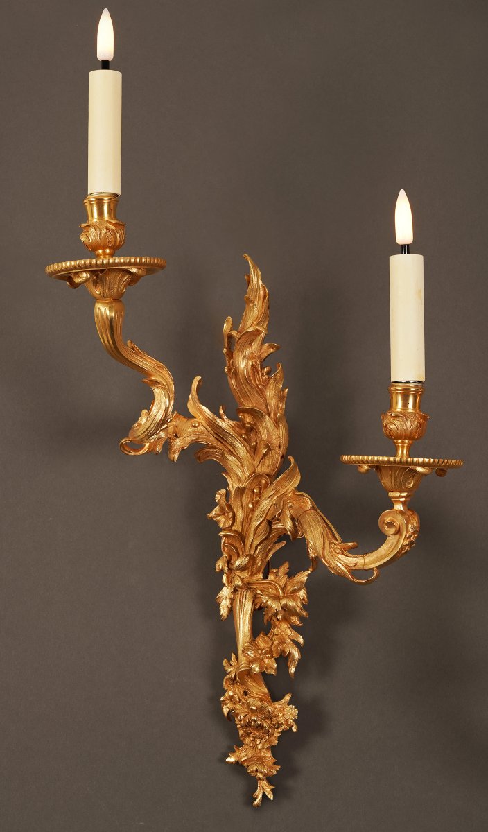 Paire d'appliques aux feuilles d'acanthe en bronze doré, France, Circa 1870-photo-3