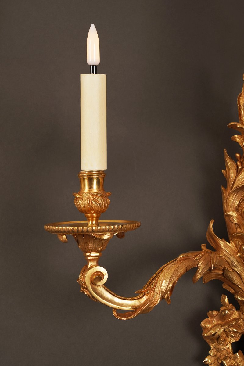 Paire d'appliques aux feuilles d'acanthe en bronze doré, France, Circa 1870-photo-3