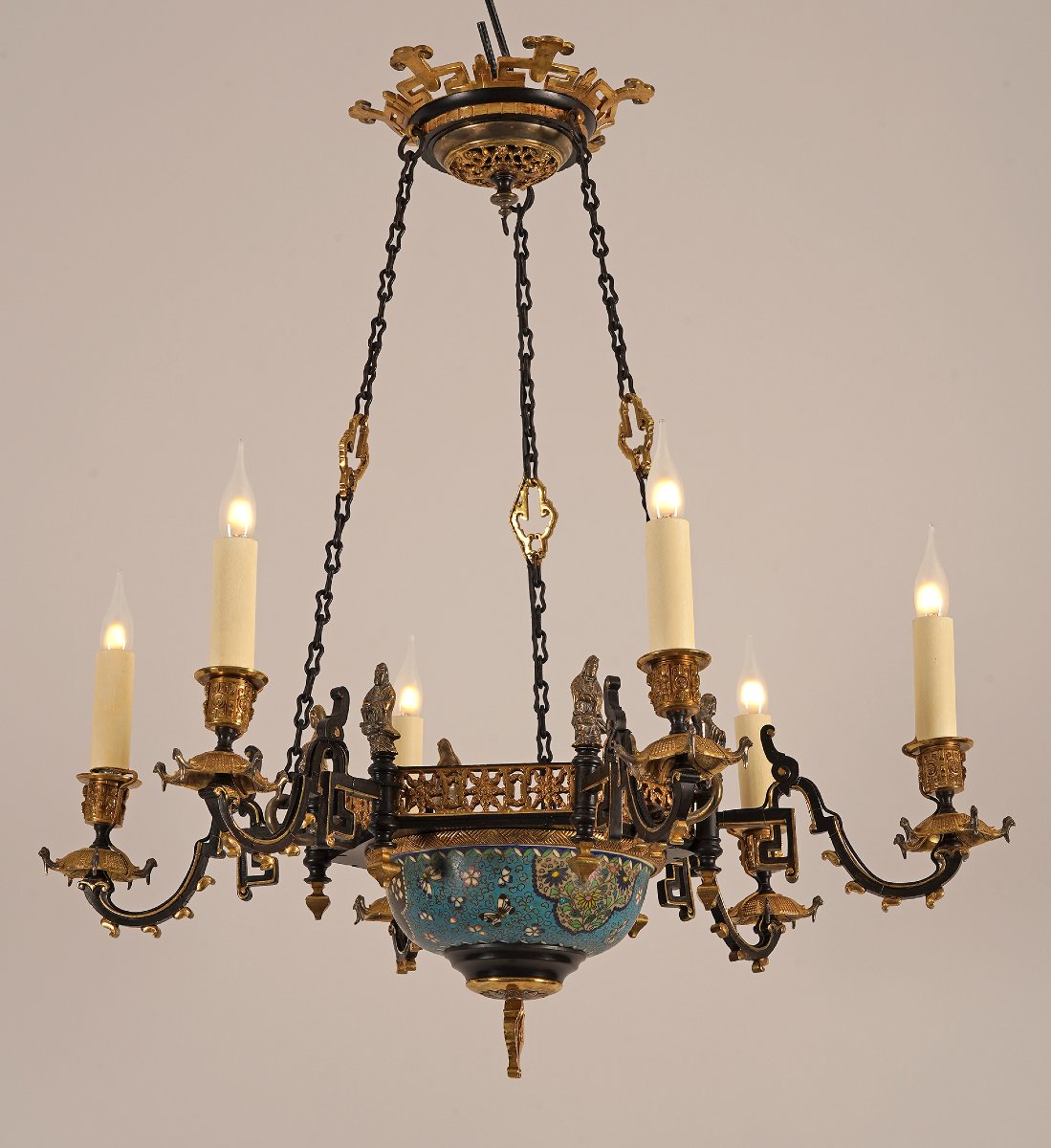 Lustre Japonisant en bronze doré et porcelaine, France circa 1860-photo-3