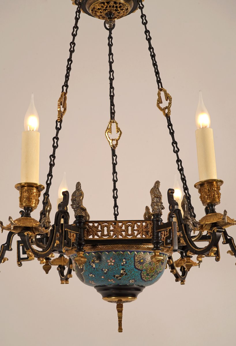 Lustre Japonisant en bronze doré et porcelaine, France circa 1860-photo-4