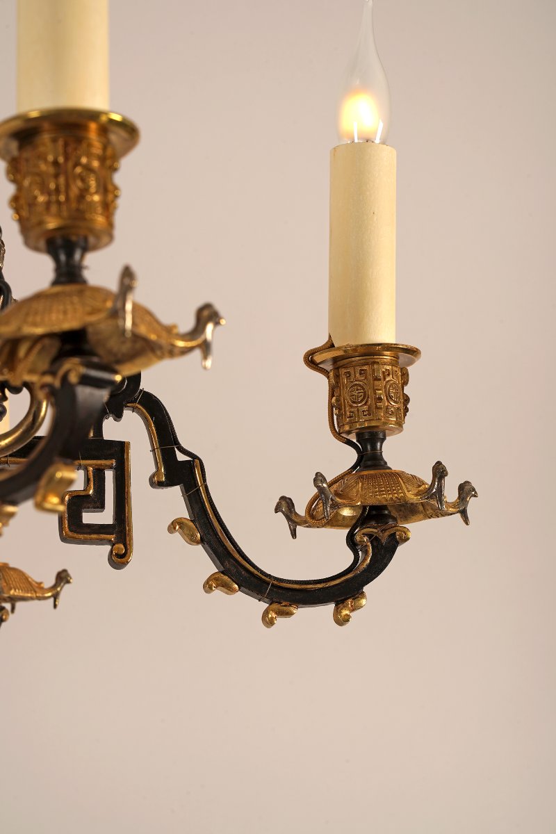 Lustre Japonisant en bronze doré et porcelaine, France circa 1860-photo-1
