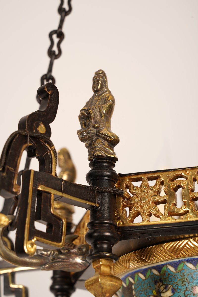 Lustre Japonisant en bronze doré et porcelaine, France circa 1860-photo-2