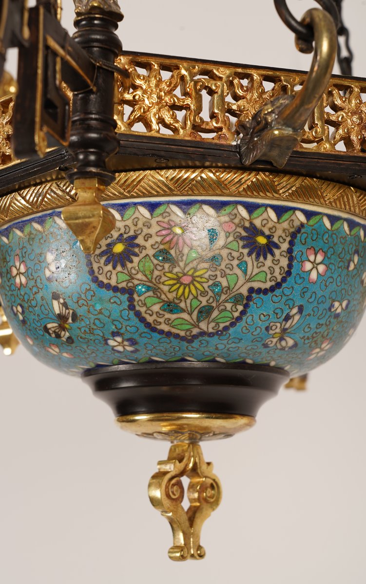 Lustre Japonisant en bronze doré et porcelaine, France circa 1860-photo-3
