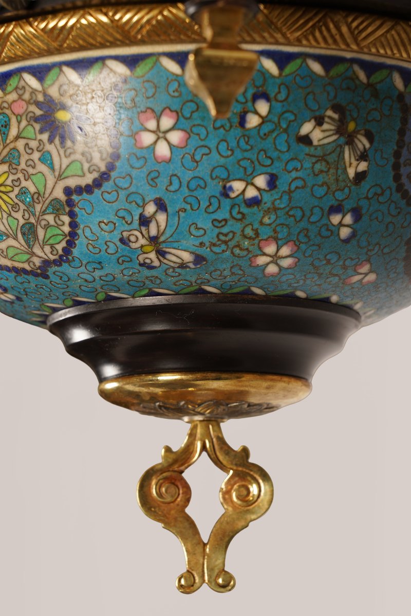 Lustre Japonisant en bronze doré et porcelaine, France circa 1860-photo-4