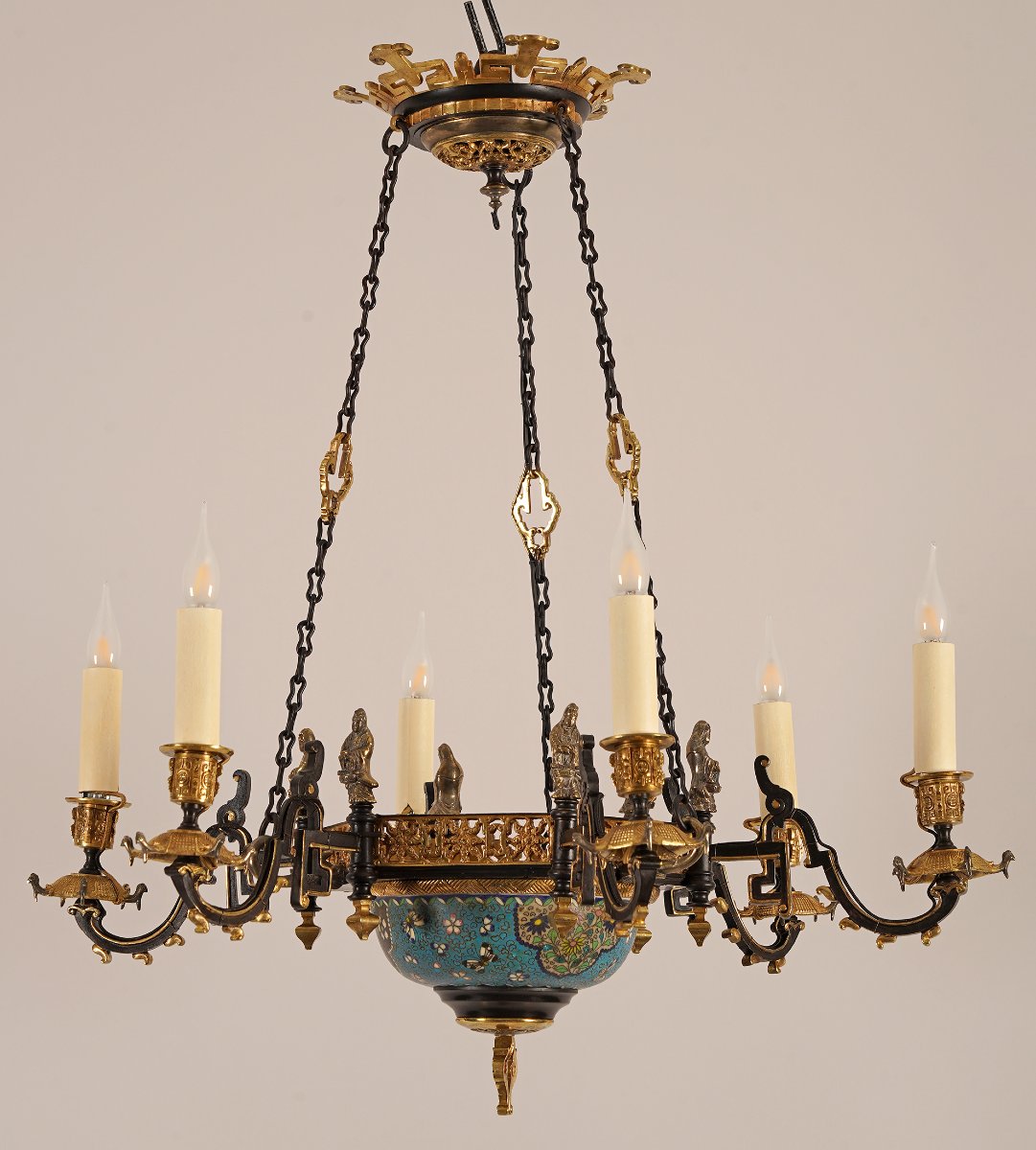 Lustre Japonisant en bronze doré et porcelaine, France circa 1860