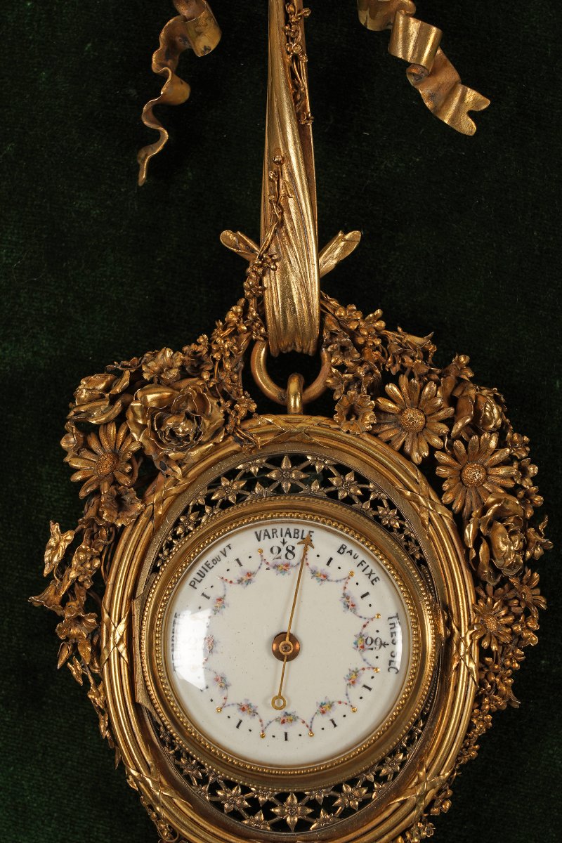 Ensemble Pendule et Baromètre, France, Bronze doré, Circa 1860-photo-1