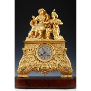   "leila And The Giaour" Gilded Bronze Clock, France, Circa 1830