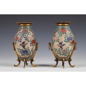Pair Of Small Cloisonne Enamel Vases By F. Barbedienne, France, Circa 1880