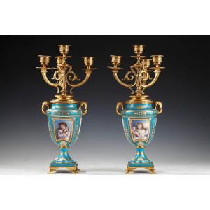 Pair Of "sèvres" Porcelain Candelabra Vases, France, Circa 1880