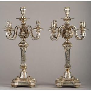 Pair Of Louis XIV Style Silvered Bronze Candelabras, France, Circa 1880