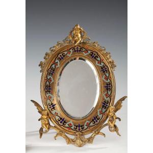 Miroir de Table en Bronze Doré et Email Champlevé attr. à A. Giroux, France, Circa 1880