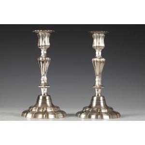 Pair Of Silvered Bronze Candlesticks, France, 18th Century