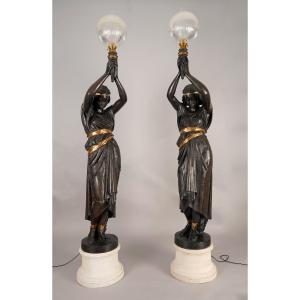M. Moreau And Val d'Osne, Pair Of "nubian" Torcheres, France, Late 19th Century