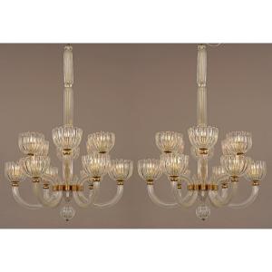 Barovier & Toso, Paire de Lustres Murano, Italie, circa 1940