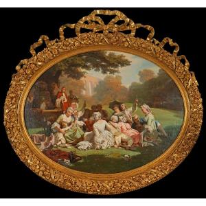 J.-a. Duval Le Camus, "fête Galante In A Park", France, Circa 1880