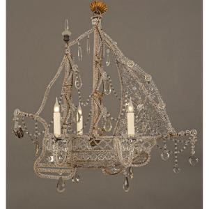Baguès, "nave" Chandelier, Ship, Sail Boat, 20th Century, Crystal And Iron