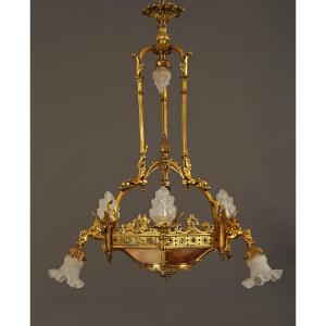 Susse & Lelièvre, Neo-gothic Chandelier With Dragons, France, Circa 1900, Alabaster And Gilded Bronze