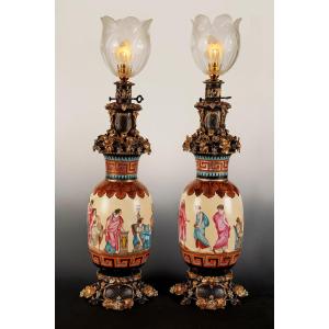 Paris Porcelain , Pair Of Neo-greek Lamps, France, Circa 1860