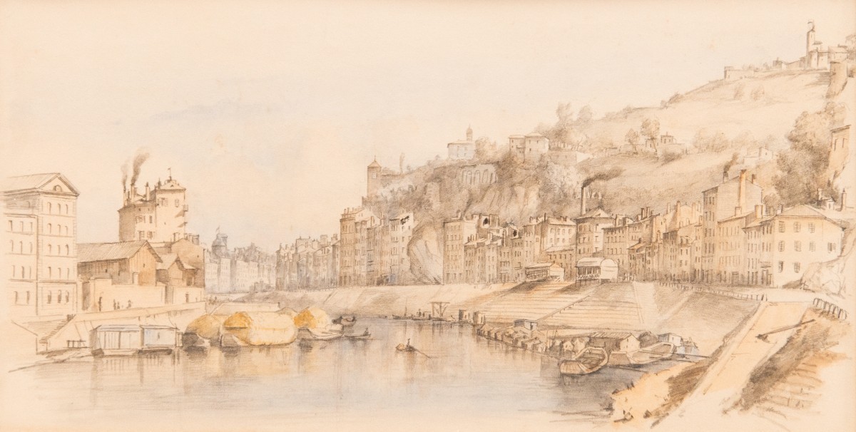 Alfred de COURVILLE (1816-1875) - Vue de Lyon, les quais de Saône au nord de Lyon (1850)-photo-2