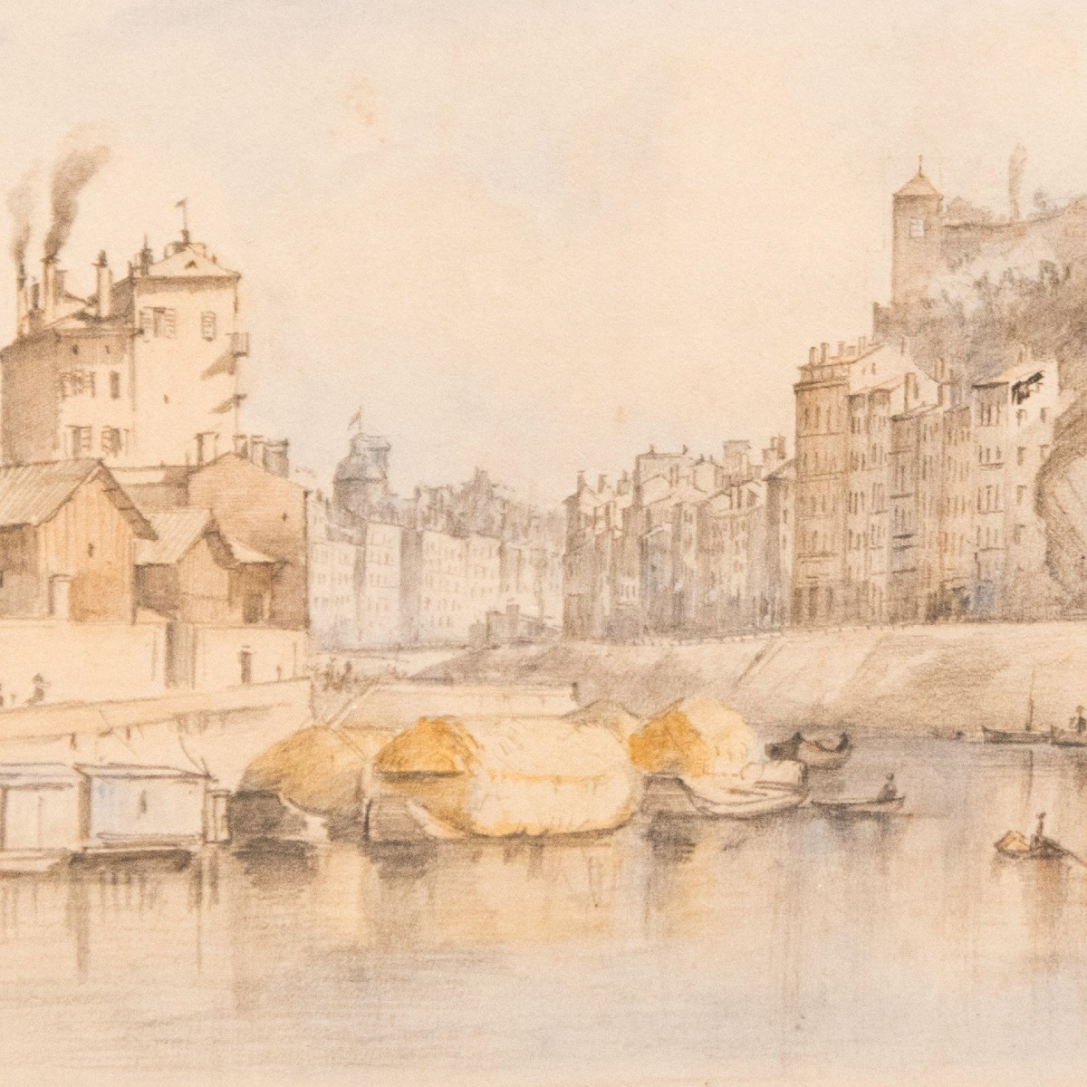 Alfred de COURVILLE (1816-1875) - Vue de Lyon, les quais de Saône au nord de Lyon (1850)-photo-1