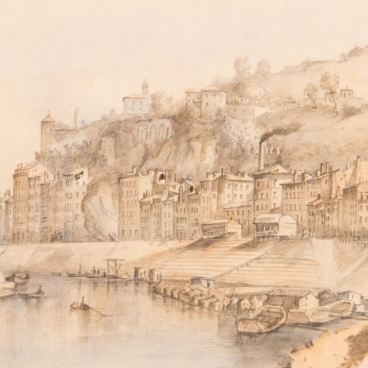 Alfred de COURVILLE (1816-1875) - Vue de Lyon, les quais de Saône au nord de Lyon (1850)-photo-2