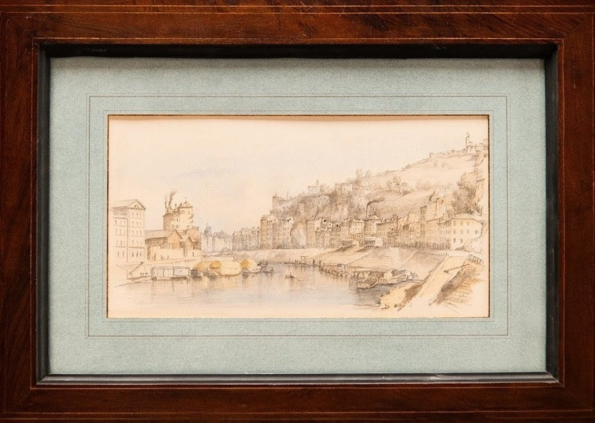 Alfred de COURVILLE (1816-1875) - Vue de Lyon, les quais de Saône au nord de Lyon (1850)