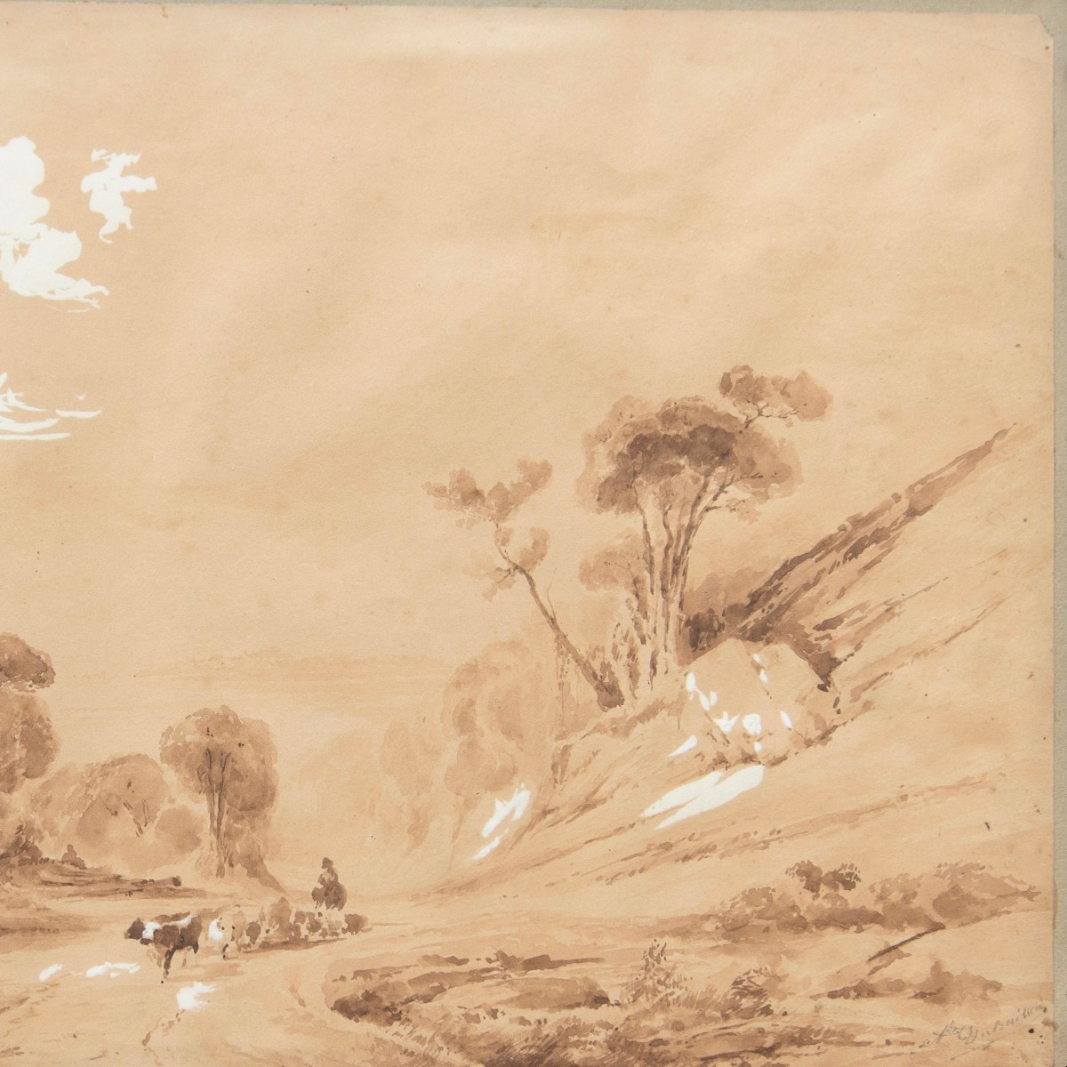 Alexandre DUBUISSON (1805 – 1870), Lisière boisée avec vaches sur le chemin-photo-1