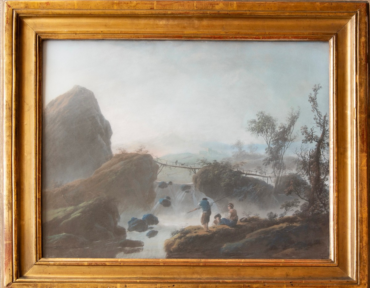 Jean-baptiste Pillement (1728, Lyon - Id., 1808) - Fishermen Near A Waterfall (1780)   