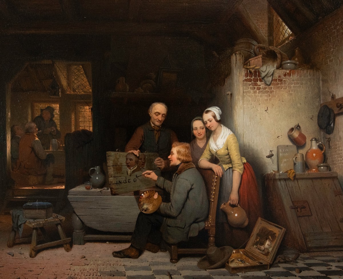 Célestin MARSCHOUW (Malines 1825 - Anvers 1902) - Le peintre au travail dans une auberge-photo-2